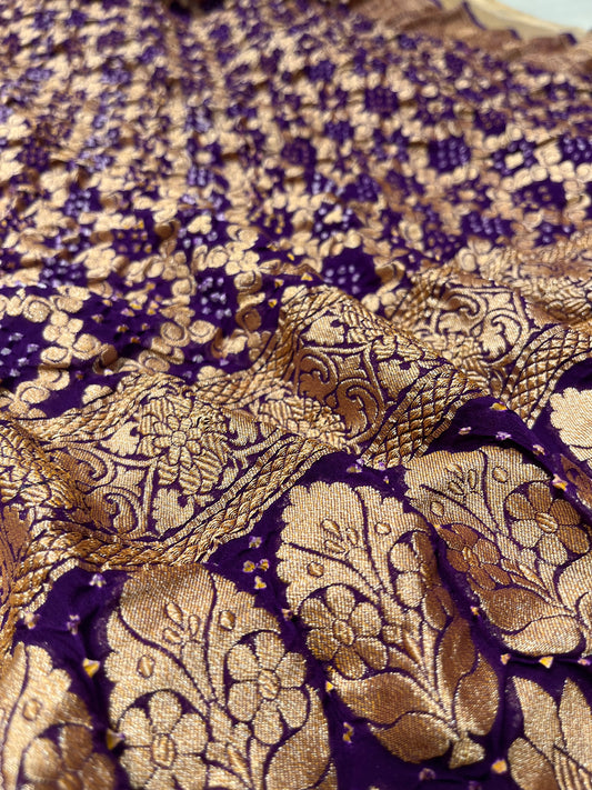 PURPLE COLOUR PURE GEORGETTE KHADDI SAREE WITH BANDHANI PRINT EMBELLISHED WITH ANTIQUE ZARI WEAVES