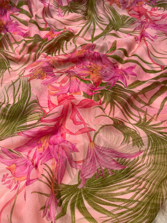 PINK COLOUR CHIFFON PRINTED SAREE WITH CREPE SILK BLOUSE