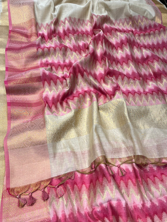 BEIGE & PINK COLOUR JAMDANI MUSLIN ZIG-ZAG PATTERN SAREE