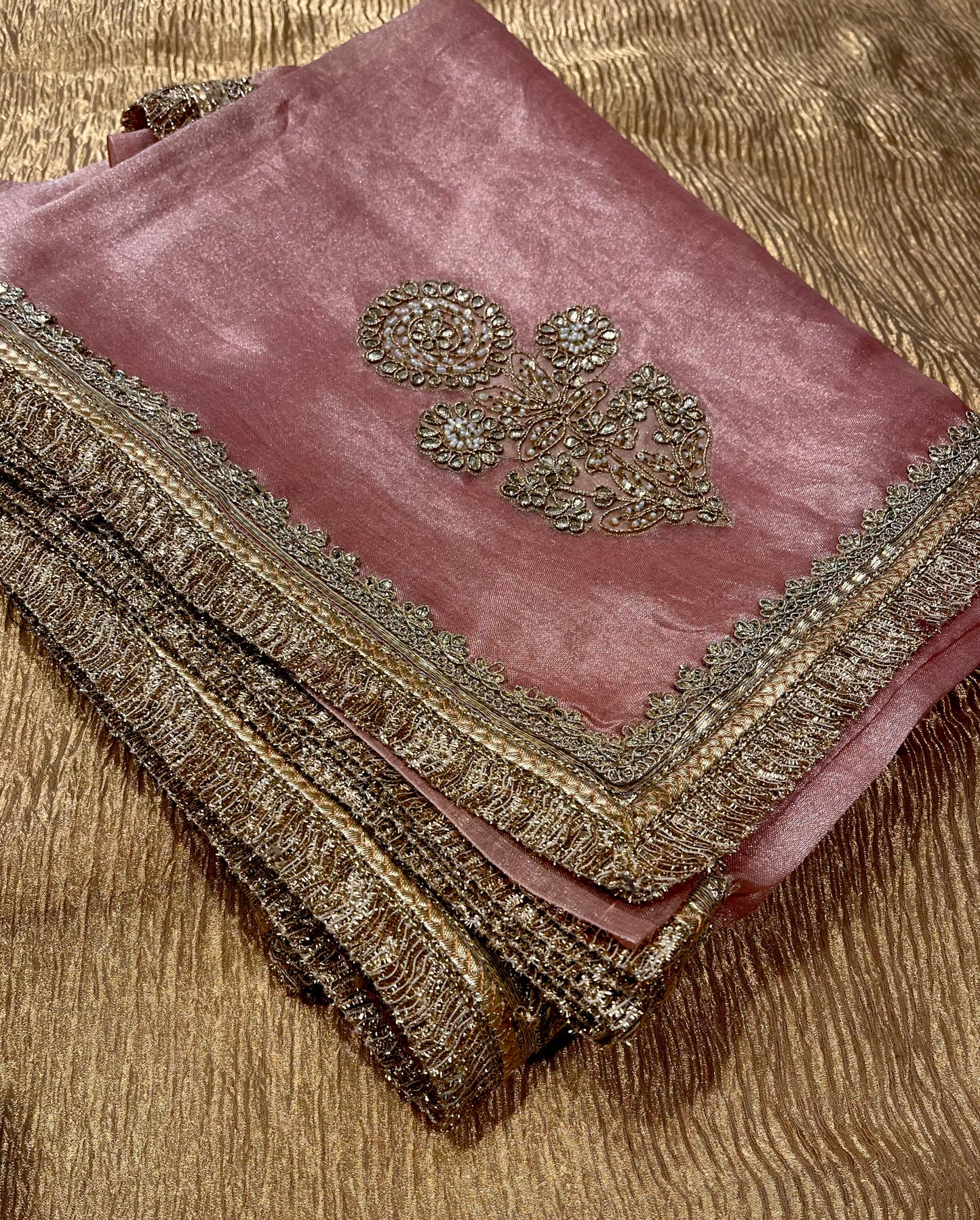 PINK COLOUR TISSUE SAREE WITH READYMADE EMBROIDERED BLOUSE EMBELLISHED WITH KASAB & GOTA PATTI WORK