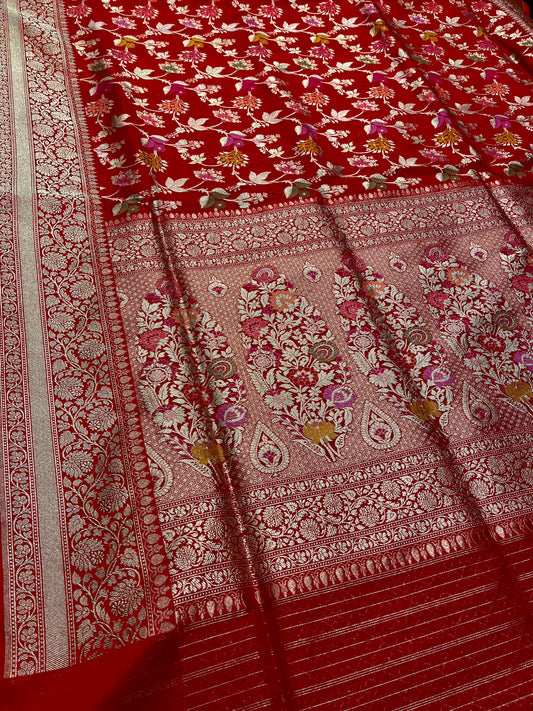 RED COLOUR PURE BANARASI HANDLOOM SILK SAREE EMBELLISHED WITH ZARI WEAVES