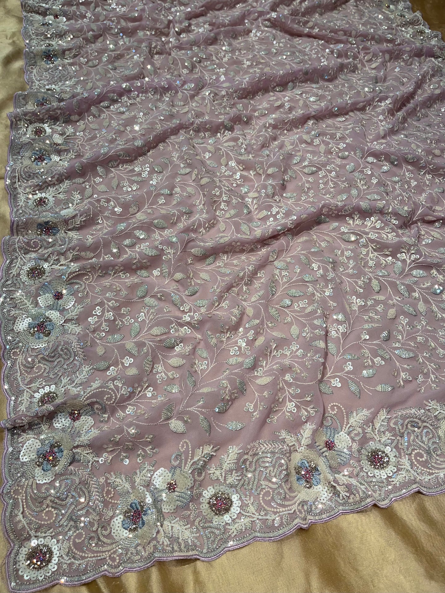 LAVENDER COLOUR GEORGETTE SAREE EMBELLISHED WITH SEQUINS & BEADS WORK