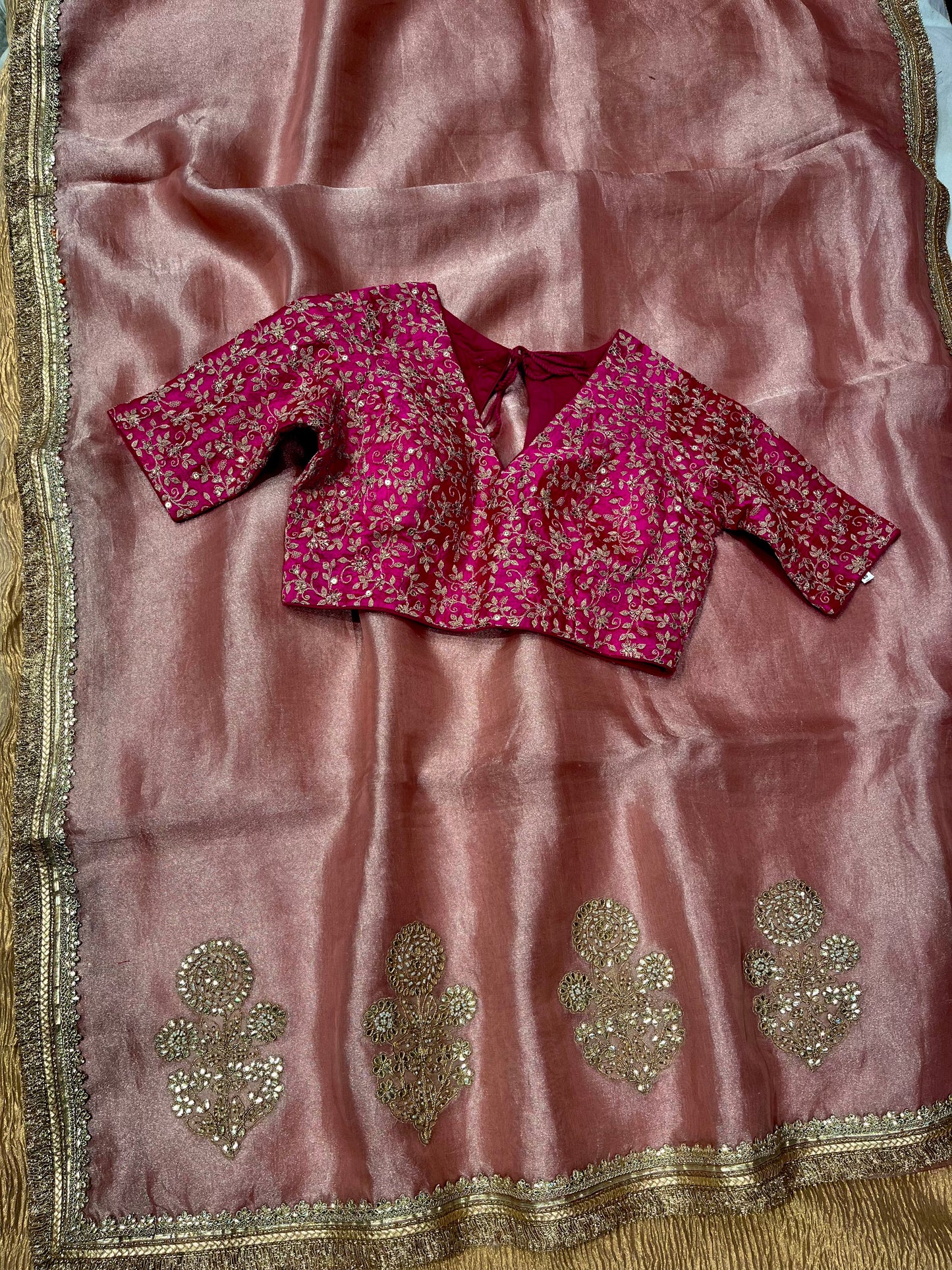 PINK COLOUR TISSUE SAREE WITH READYMADE EMBROIDERED BLOUSE EMBELLISHED WITH KASAB & GOTA PATTI WORK