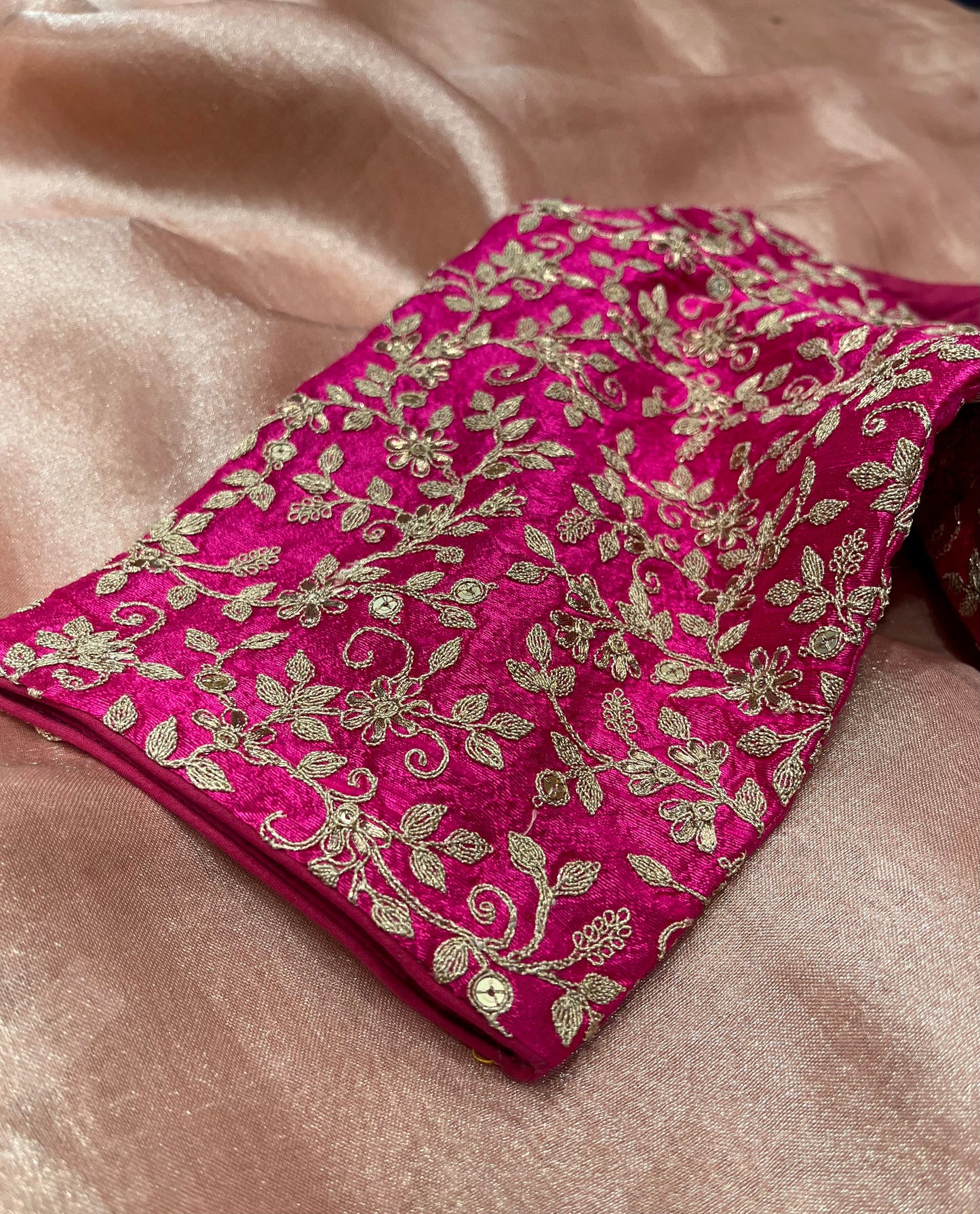 PINK COLOUR TISSUE SAREE WITH READYMADE EMBROIDERED BLOUSE EMBELLISHED WITH KASAB & GOTA PATTI WORK