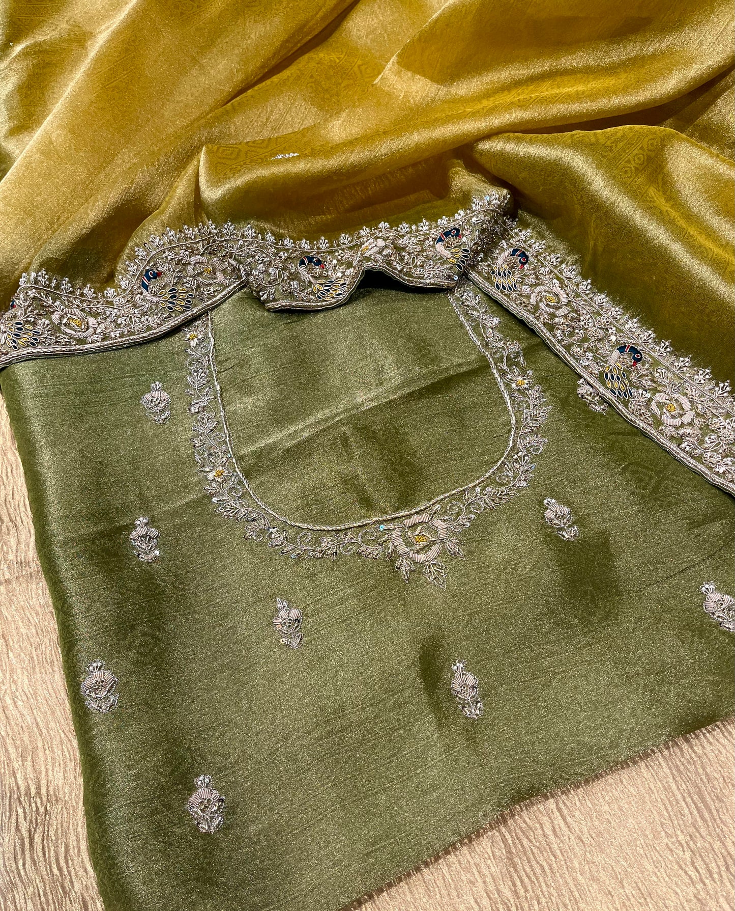 GREEN & MUSTARD SHADED COLOUR TISSUE ZARDOZI EMBROIDERED SAREE