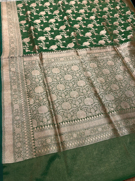 GREEN COLOUR BANARASI TISSUE SILK HANDLOOM SAREE EMBELLISHED WITH ZARI WEAVES