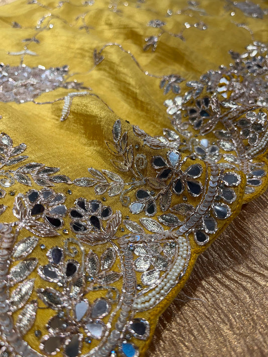 YELLOW COLOUR CREPE TISSUE EMBROIDERER SAREE EMBELLISHED WITH GOTA PATTI, SEQUINS & MIRROR FOIL WORK