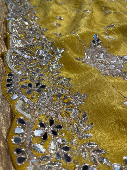 YELLOW COLOUR CREPE TISSUE EMBROIDERER SAREE EMBELLISHED WITH GOTA PATTI, SEQUINS & MIRROR FOIL WORK