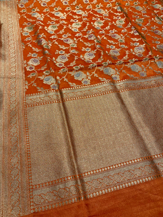 ORANGE COLOUR PURE BANARASI HANDLOOM SILK SAREE EMBELLISHED WITH ZARI WEAVES