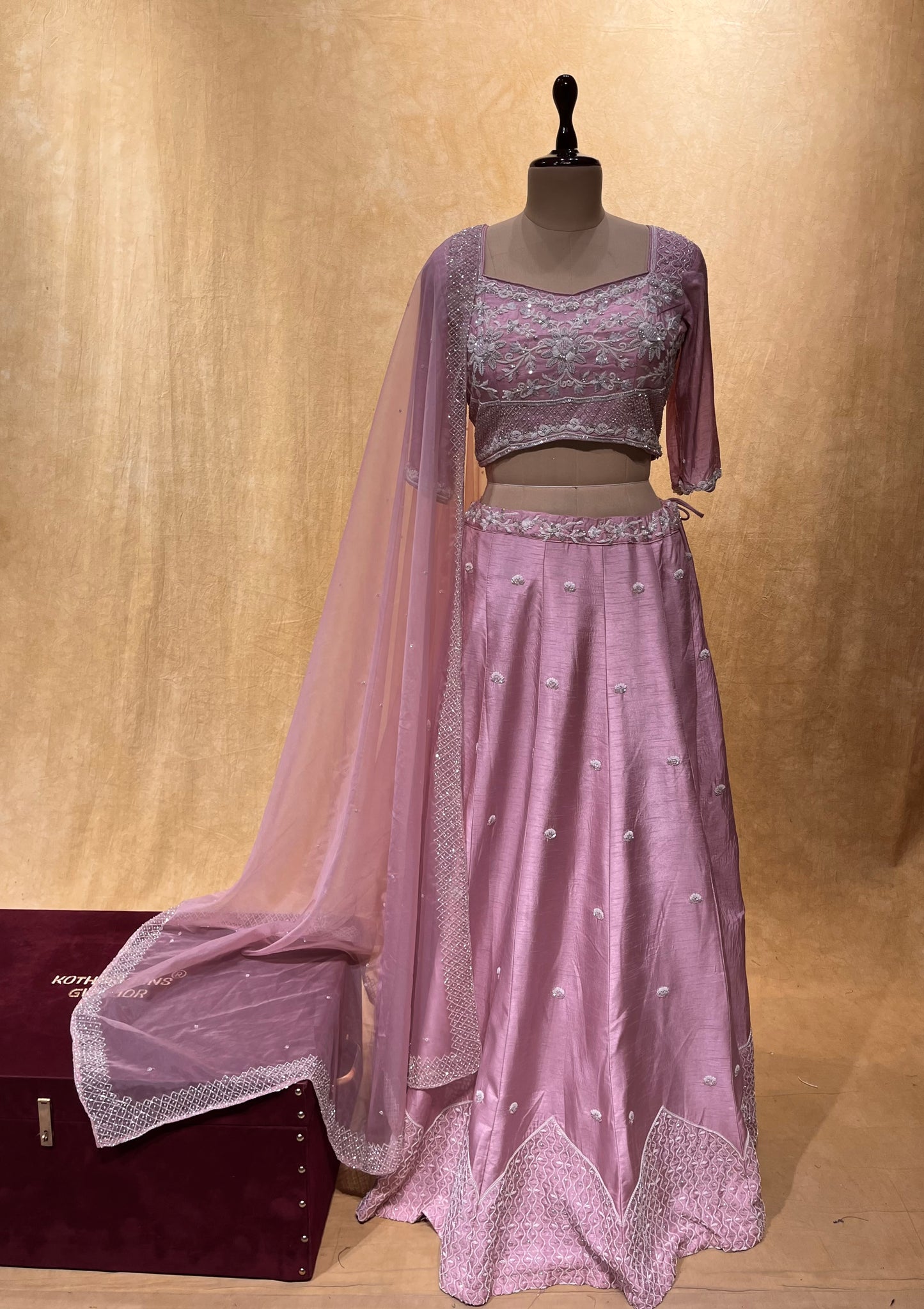 ( DELIVERY IN 25 DAYS ) ONION PINK COLOR SILK LEHENGA WITH EMBROIDERED BLOUSE & ORGANZA DUPATTA EMBELLISHED WITH CUTDANA, PEARL & ZARDOZI WORK