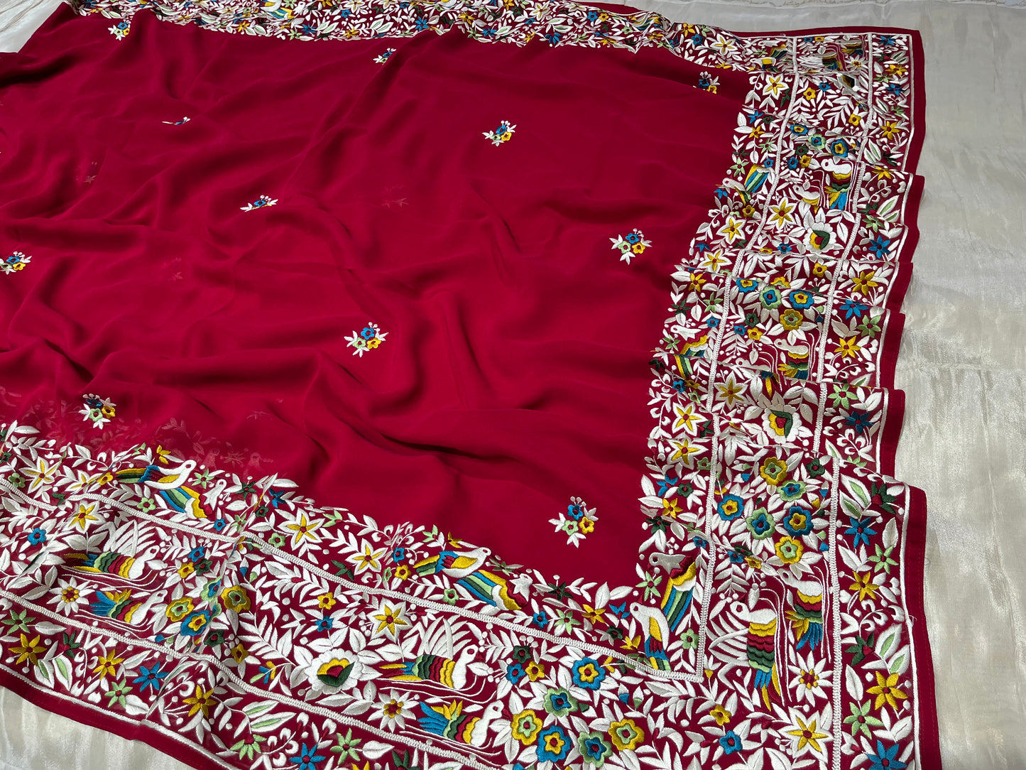 MAROON COLOUR GEORGETTE PARSI WORK HAND EMBROIDERED SAREE