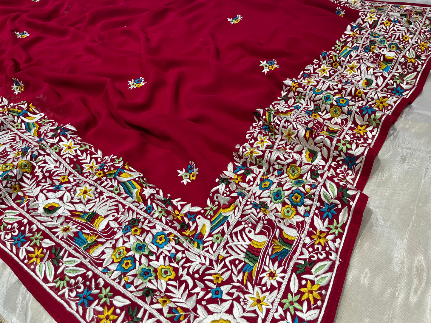 MAROON COLOUR GEORGETTE PARSI WORK HAND EMBROIDERED SAREE