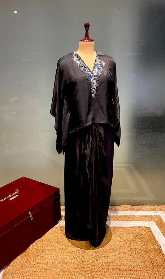 BLACK COLOUR CREPE SILK DHOTI DRAPE STYLE SKIRT & KAFTAN TOP