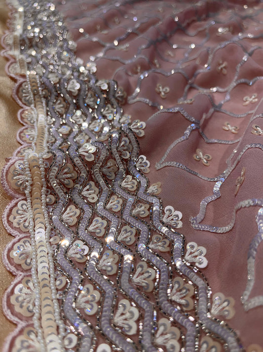 POWDER PINK COLOUR GEORGETTE EMBROIDERED SAREE EMBELLISHED WITH SEQUINS, BEADS & CUTDANA WORK
