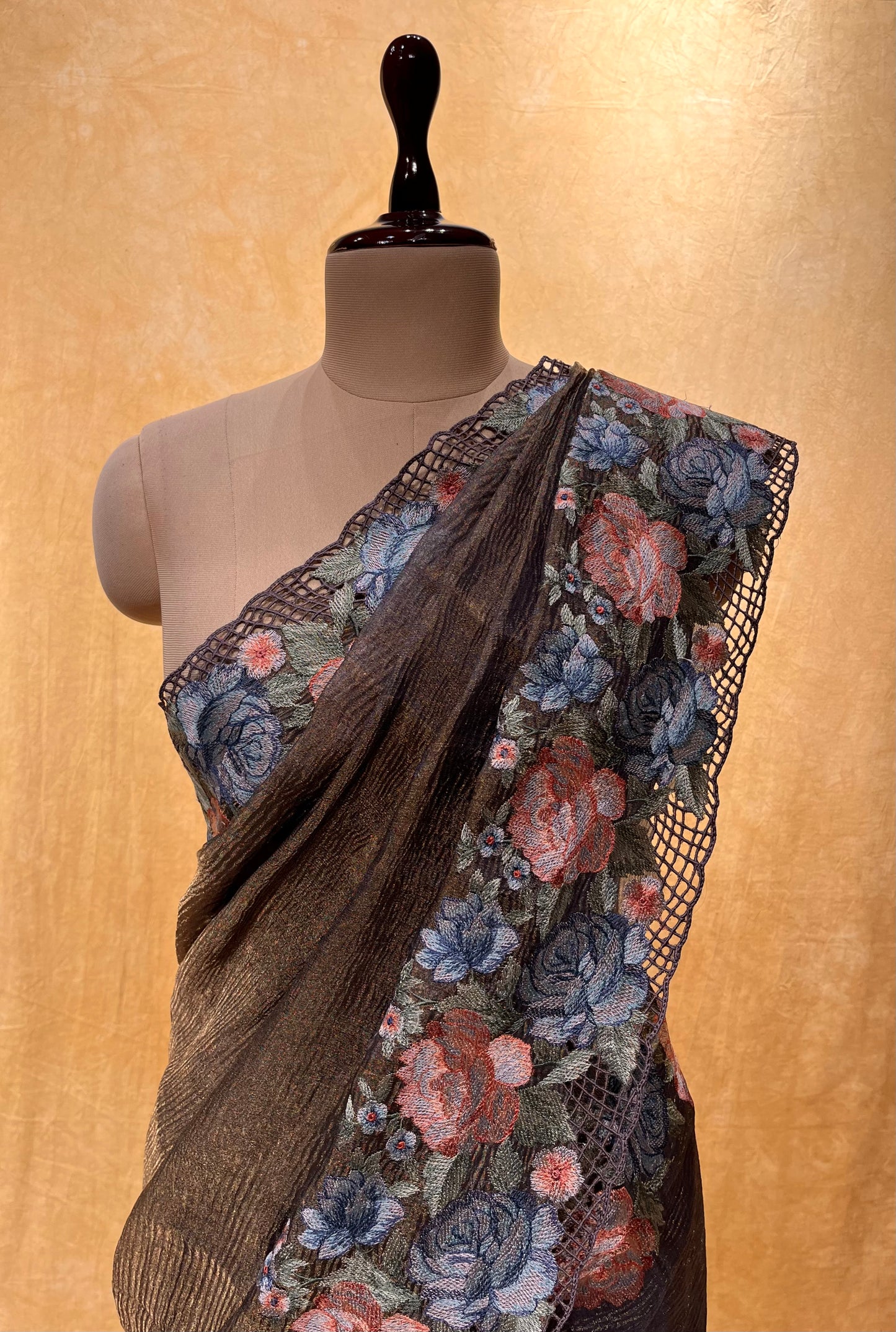 ( DELIVERY IN 25 DAYS ) COPPER CRUSHED TISSUE EMBROIDERED SAREE EMBELLISHED WITH CROSS STITCH Embroidery