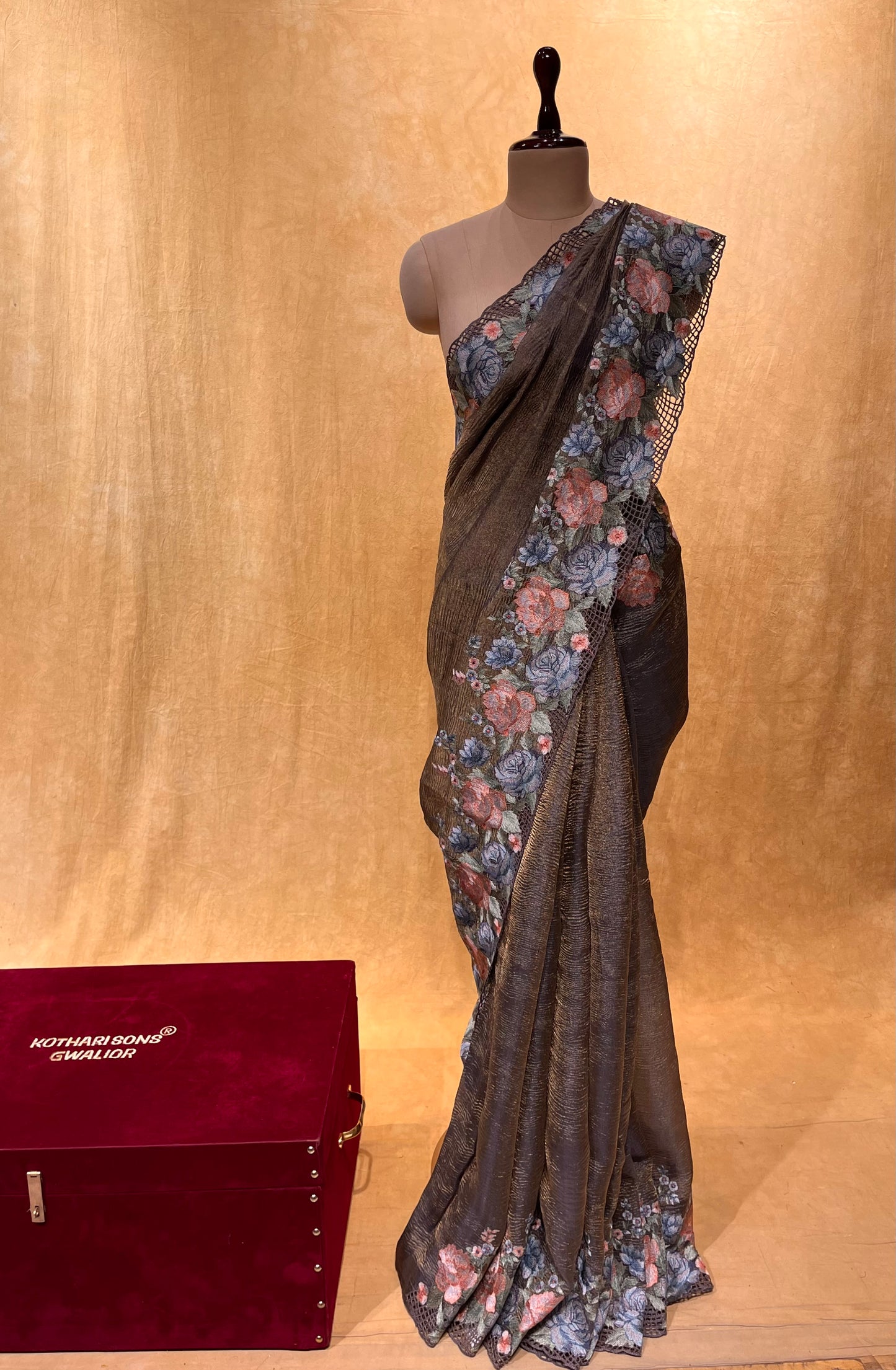 ( DELIVERY IN 25 DAYS ) COPPER CRUSHED TISSUE EMBROIDERED SAREE EMBELLISHED WITH CROSS STITCH Embroidery