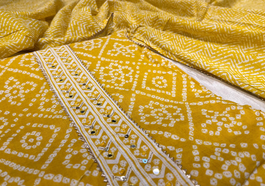 YELLOW COLOUR COTTON UNSTITCHED BANDHANI SUIT