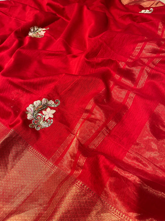 RED COLOUR MAHESHWARI HAND EMBROIDERED SAREE EMBELLISHED WITH AARI & SEQUINS WORK