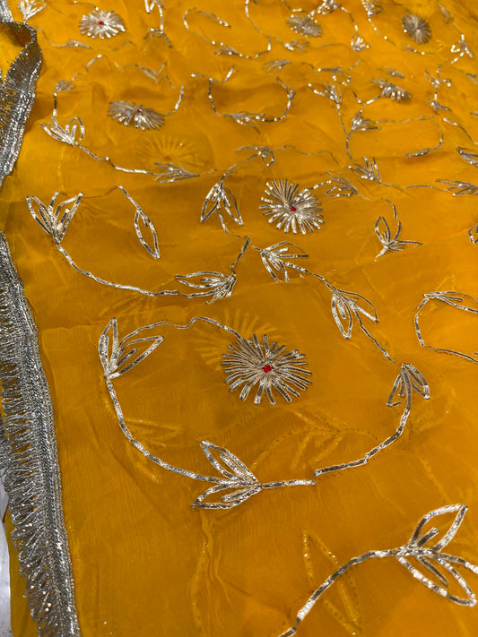 YELLOW COLOUR CHIFFON GOTA PATTI WORK EMBROIDERED SAREE WITH UNSTITCHED BLOUSE - Kothari Sons