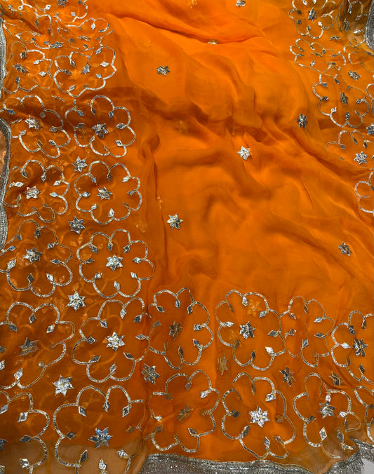 ORANGE SHADED CHIFFON GOTA PATTI WORK EMBROIDERED SAREE WITH UNSTITCHED BLOUSE - Kothari Sons