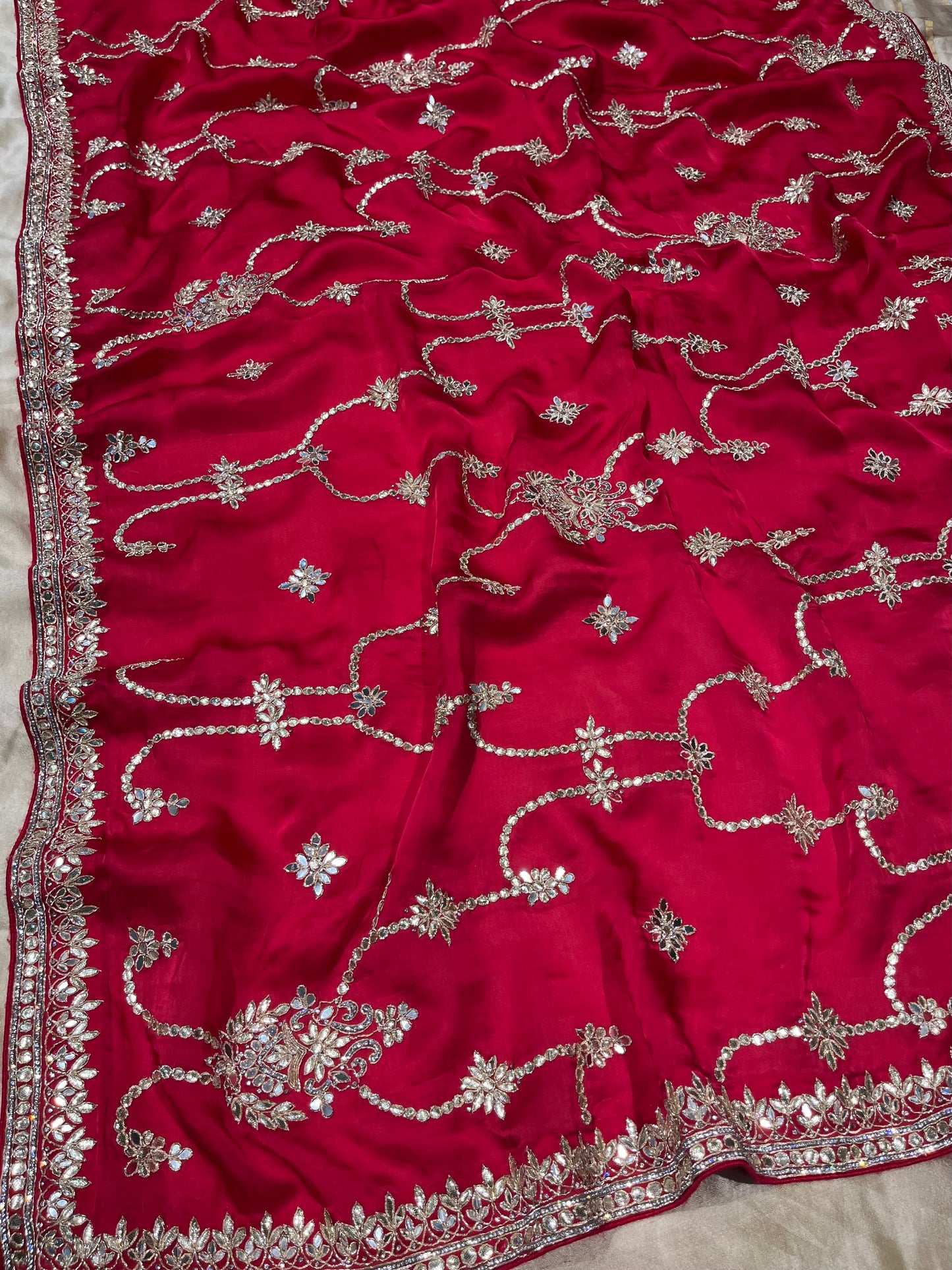 HOT PINK COLOUR PURE SATIN SILK ORGANZA EMBROIDERED SAREE EMBELLISHED WITH GOTA PATTI & MIRROR FOIL WORK
