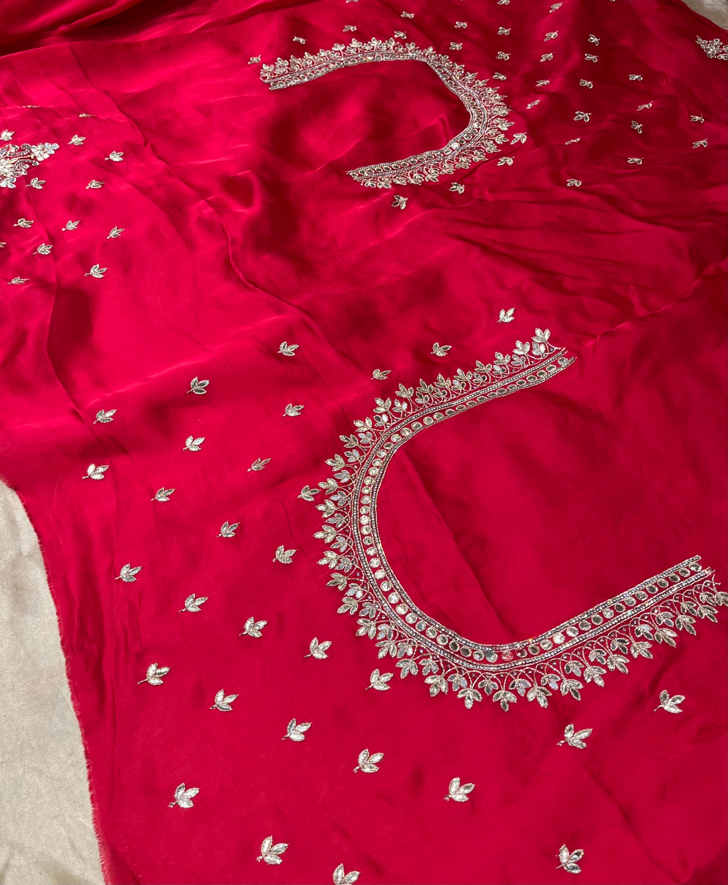 HOT PINK COLOUR PURE SATIN SILK ORGANZA EMBROIDERED SAREE EMBELLISHED WITH GOTA PATTI & MIRROR FOIL WORK