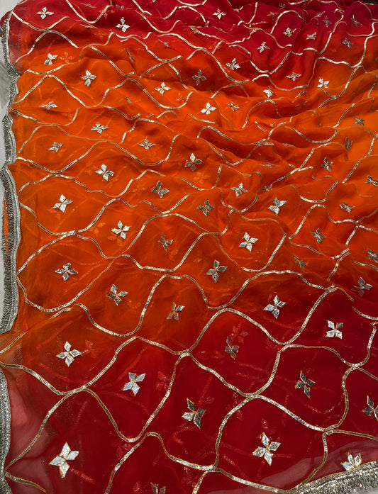 SHADED CHIFFON GOTA PATTI WORK EMBROIDERED SAREE WITH UNSTITCHED BLOUSE - Kothari Sons