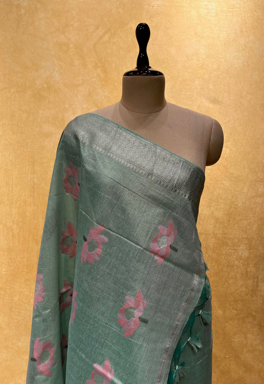 SEA GREEN COLOUR COTTON JAMDANI DHAKAI SAREE