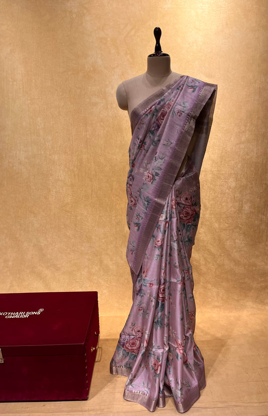 LAVENDER COLOUR FAUX SILK PRINTED SAREE WITH ZARI BORDER