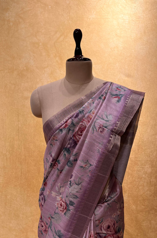 LAVENDER COLOUR FAUX SILK PRINTED SAREE WITH ZARI BORDER