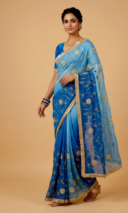 BLUE SHADED CHIFFON GOTA PATTI WORK EMBROIDERED SAREE WITH UNSTITCHED SUIT