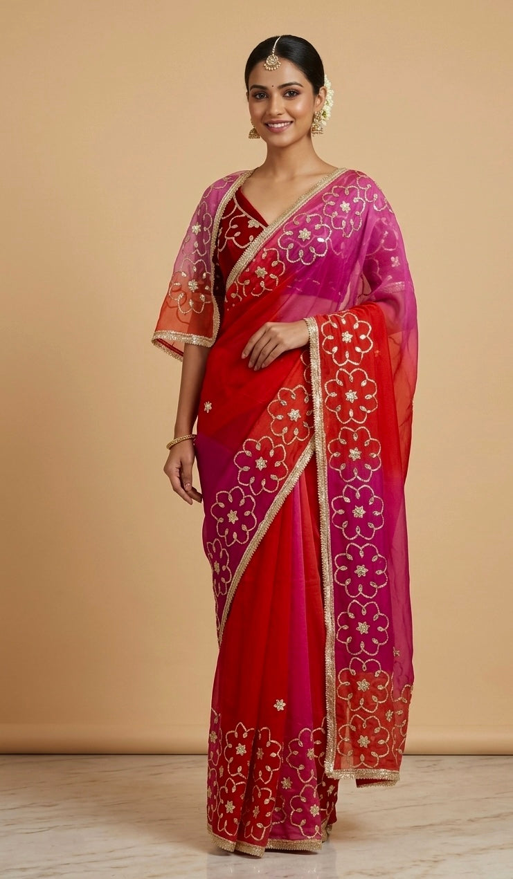 SHADED CHIIFFON GOTA PATTI WORK SAREE WITH UNSTITCHED BLOUAE - Kothari Sons