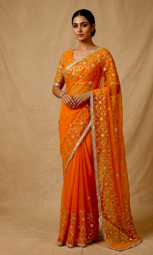 ORANGE SHADED CHIFFON GOTA PATTI WORK EMBROIDERED SAREE WITH UNSTITCHED BLOUSE - Kothari Sons