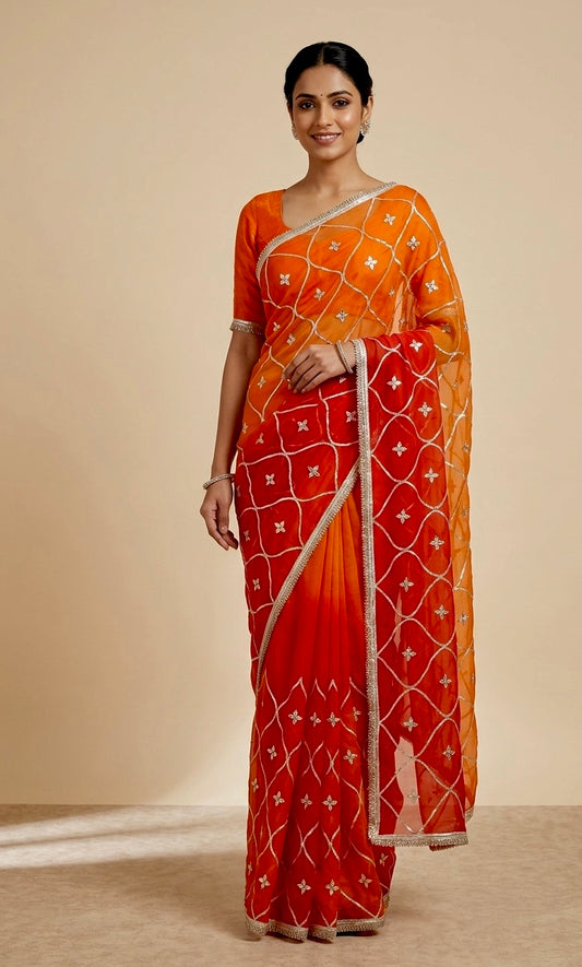 SHADED CHIFFON GOTA PATTI WORK EMBROIDERED SAREE WITH UNSTITCHED BLOUSE - Kothari Sons
