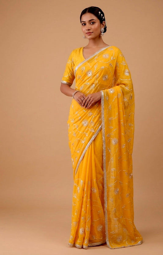 YELLOW COLOUR CHIFFON GOTA PATTI WORK EMBROIDERED SAREE WITH UNSTITCHED BLOUSE - Kothari Sons