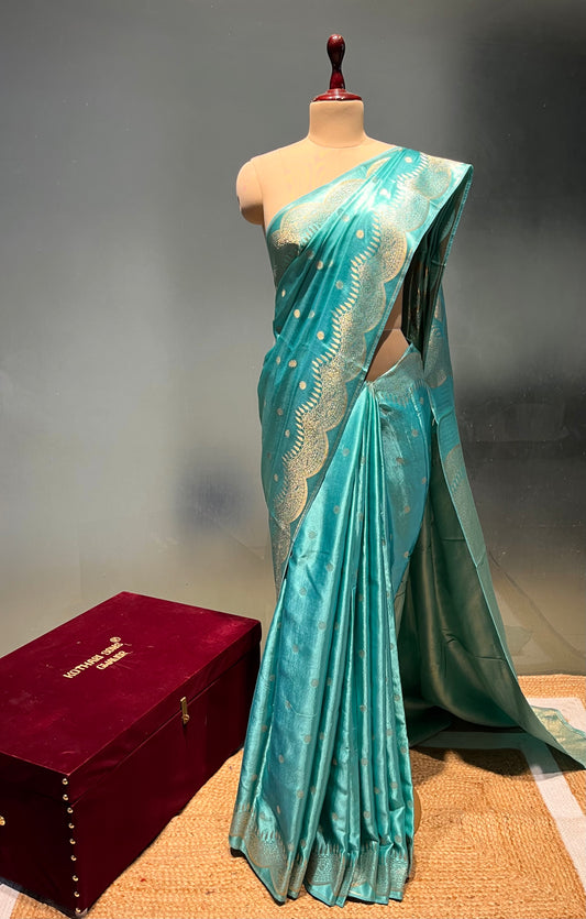 TURQUOISE COLOUR SATIN SILK SAREE EMBELLISHED WITH ZARI WEAVES