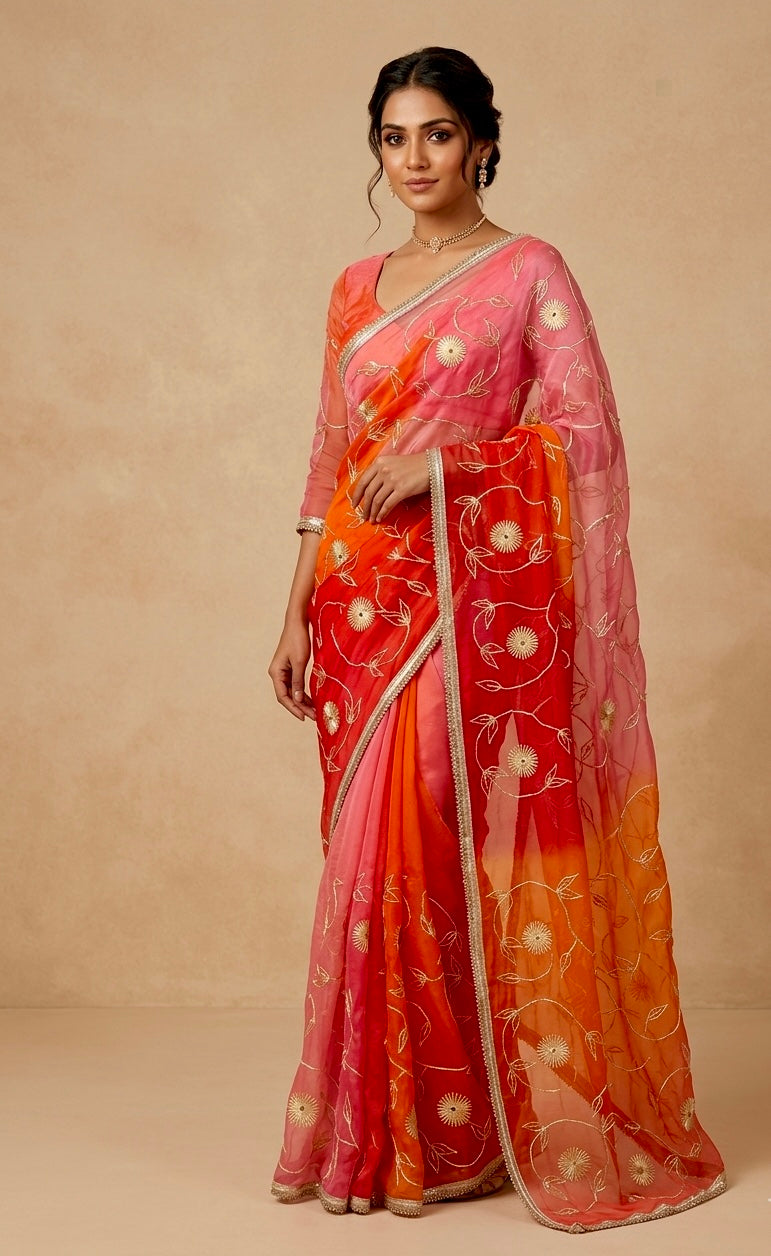 SHADED CHIFFON GOTA PATTI WORK EMBROIDERED SAREE WITH UNSTITCHED BLOUSE - Kothari Sons