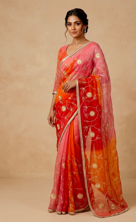 SHADED CHIFFON GOTA PATTI WORK EMBROIDERED SAREE WITH UNSTITCHED BLOUSE - Kothari Sons