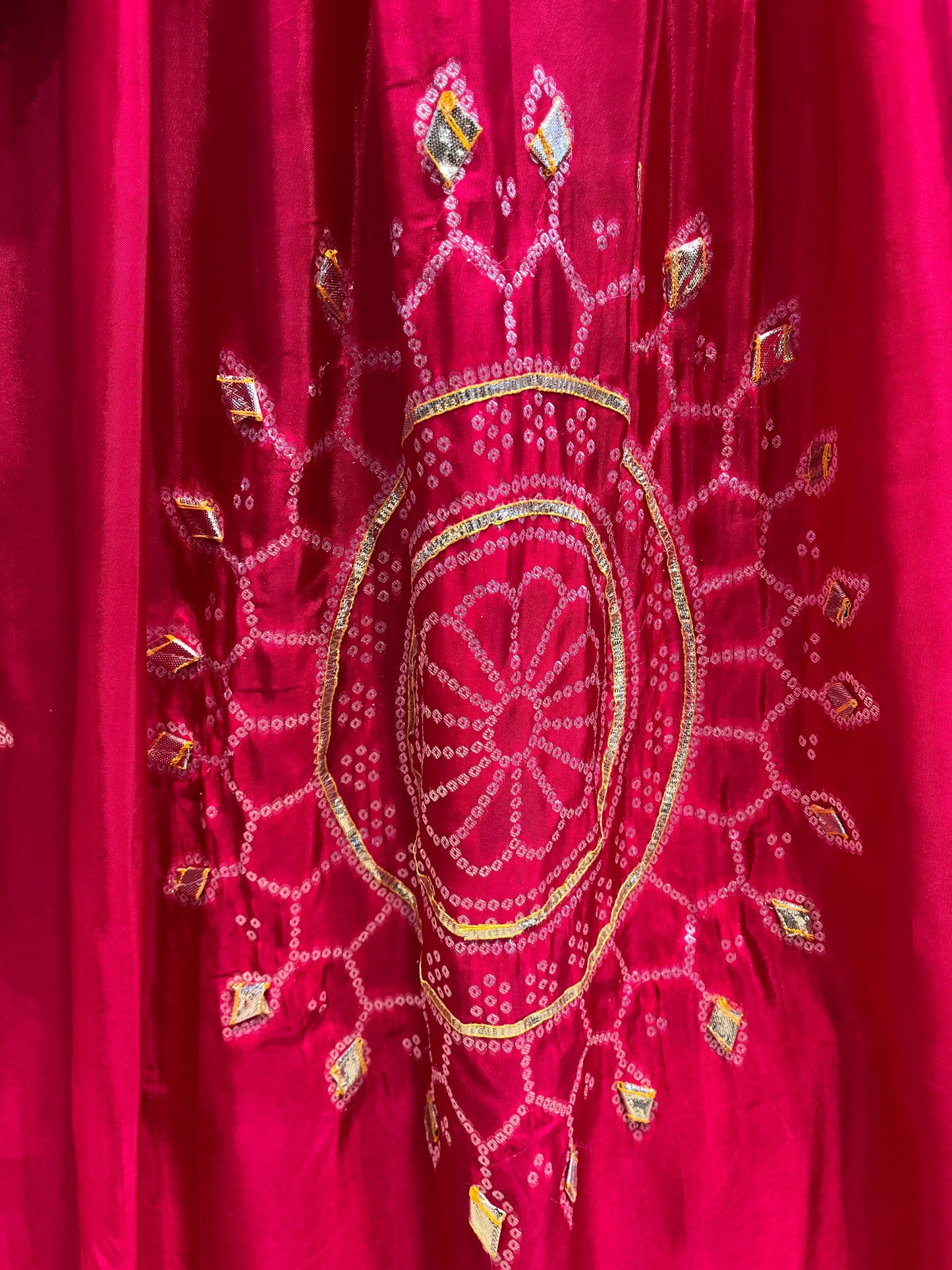 PINK COLOUR GAJJI SILK BANDHANI LEHENGA WITH UNSTITCHED BLOUSE EMBELLISHED WITH GOTA PATTI WORK - Kothari Sons