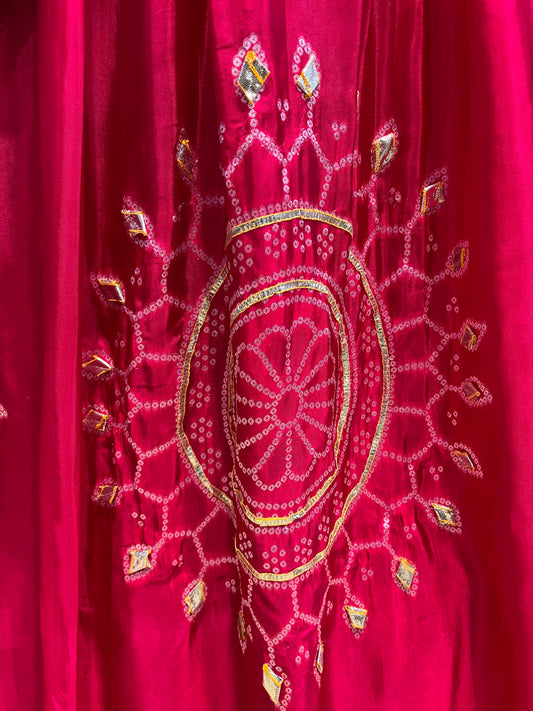 PINK COLOUR GAJJI SILK BANDHANI LEHENGA WITH UNSTITCHED BLOUSE EMBELLISHED WITH GOTA PATTI WORK - Kothari Sons