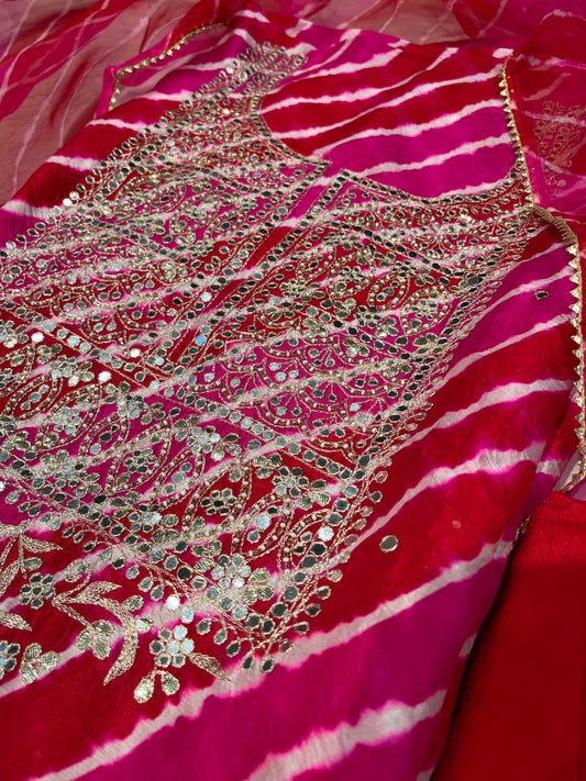 RANI RED LEHERIYA MIRROR WORK UNSTITCHED SUIT WITH ORGANZA LEHERIYA DUPATTA & PURE CREPE BOTTOM (DELIVERY IN 30 DAYS)