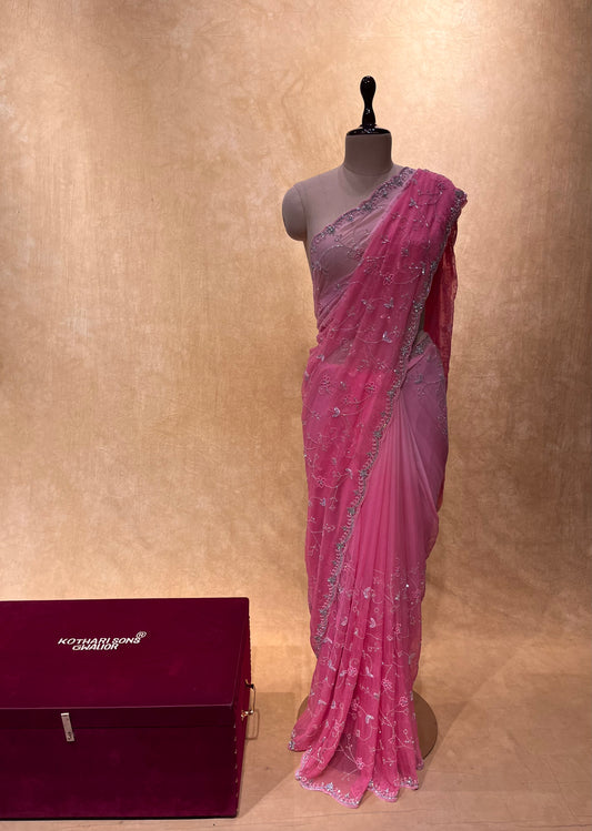 PINK SHADED CHIFFON HAND EMBROIDERED SAREE EMBELLISHED WITH CUTDANA & BEADS WORK