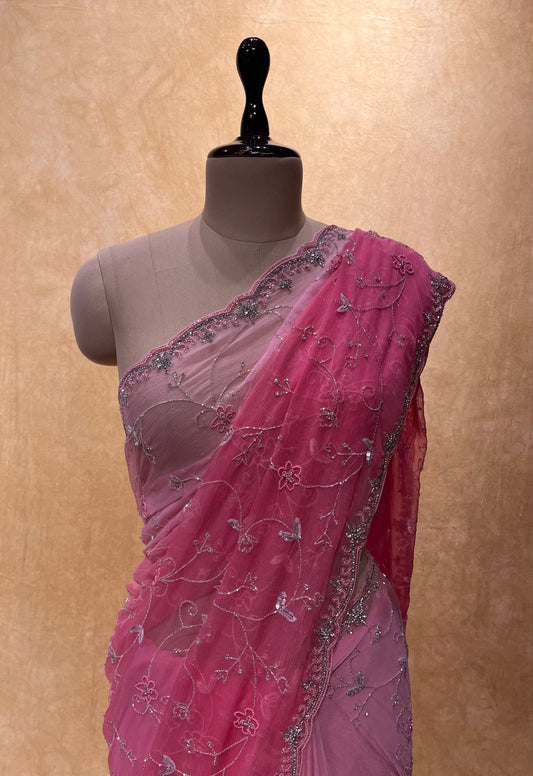 PINK SHADED CHIFFON HAND EMBROIDERED SAREE EMBELLISHED WITH CUTDANA & BEADS WORK