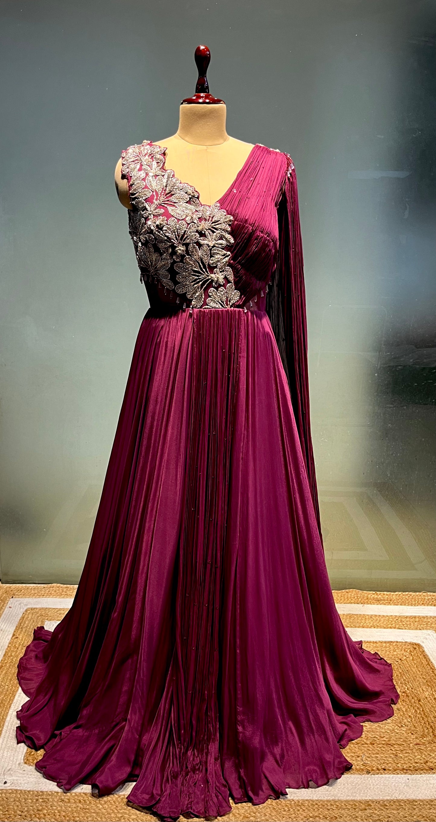 WINE COLOUR CHINON GOWN EMBELLISHED WITH ZARI EMBROIDERY