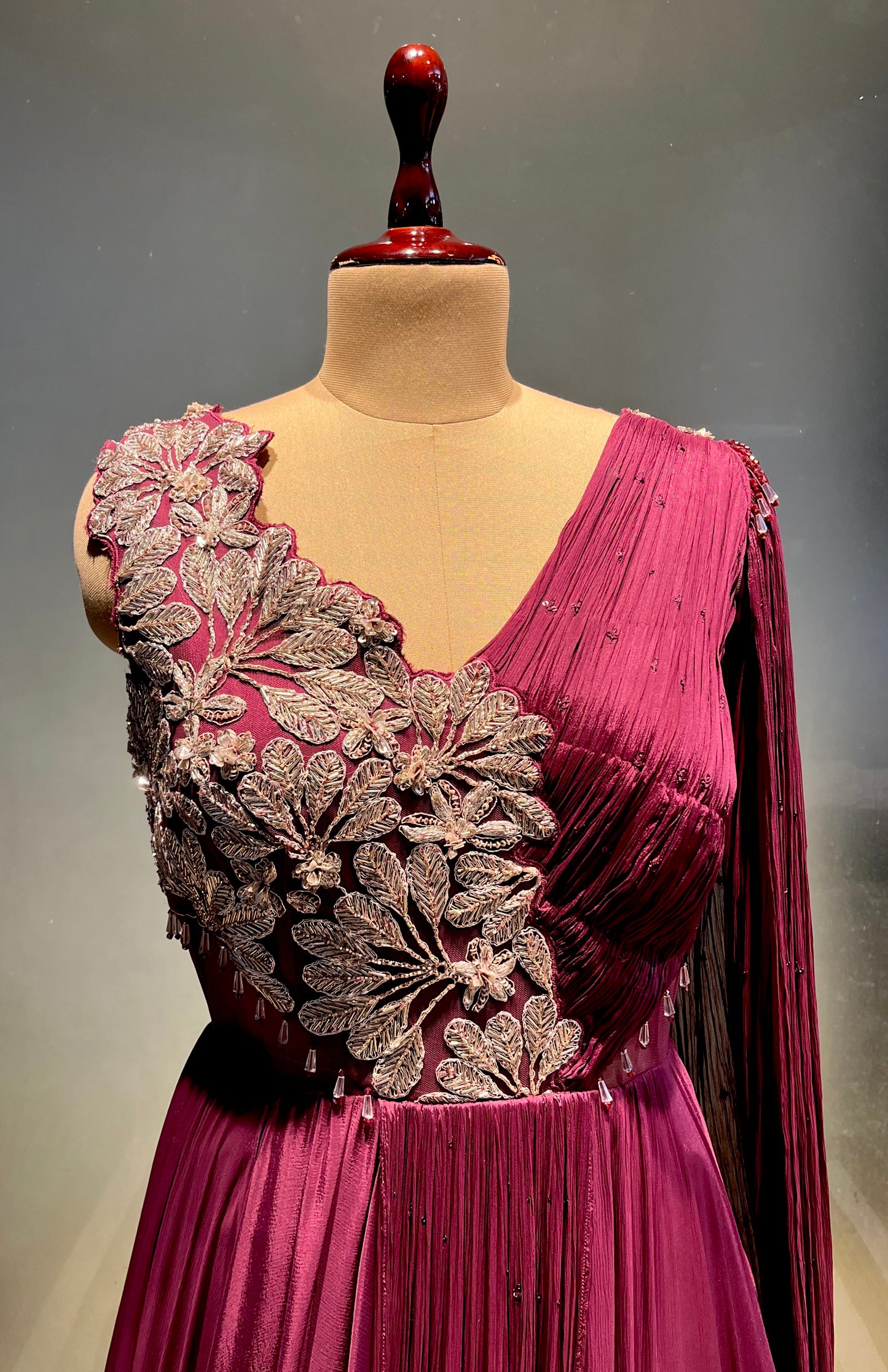 WINE COLOUR CHINON GOWN EMBELLISHED WITH ZARI EMBROIDERY