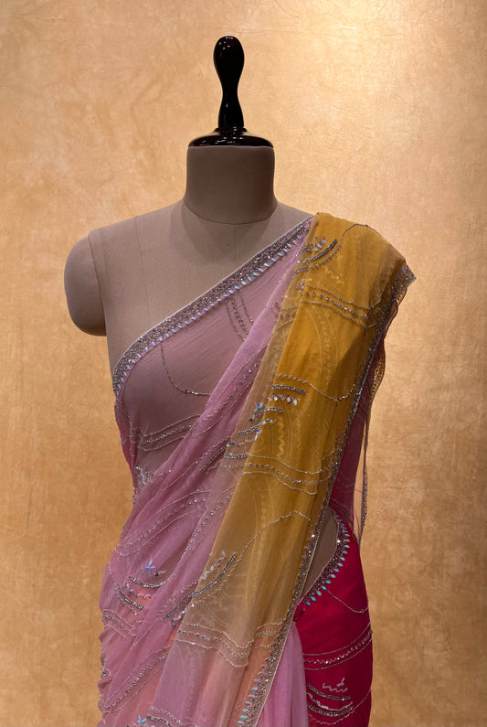 SHADED CHIFFON HAND EMBROIDERED SAREE EMBELLISHED WITH CUTDANA WORK