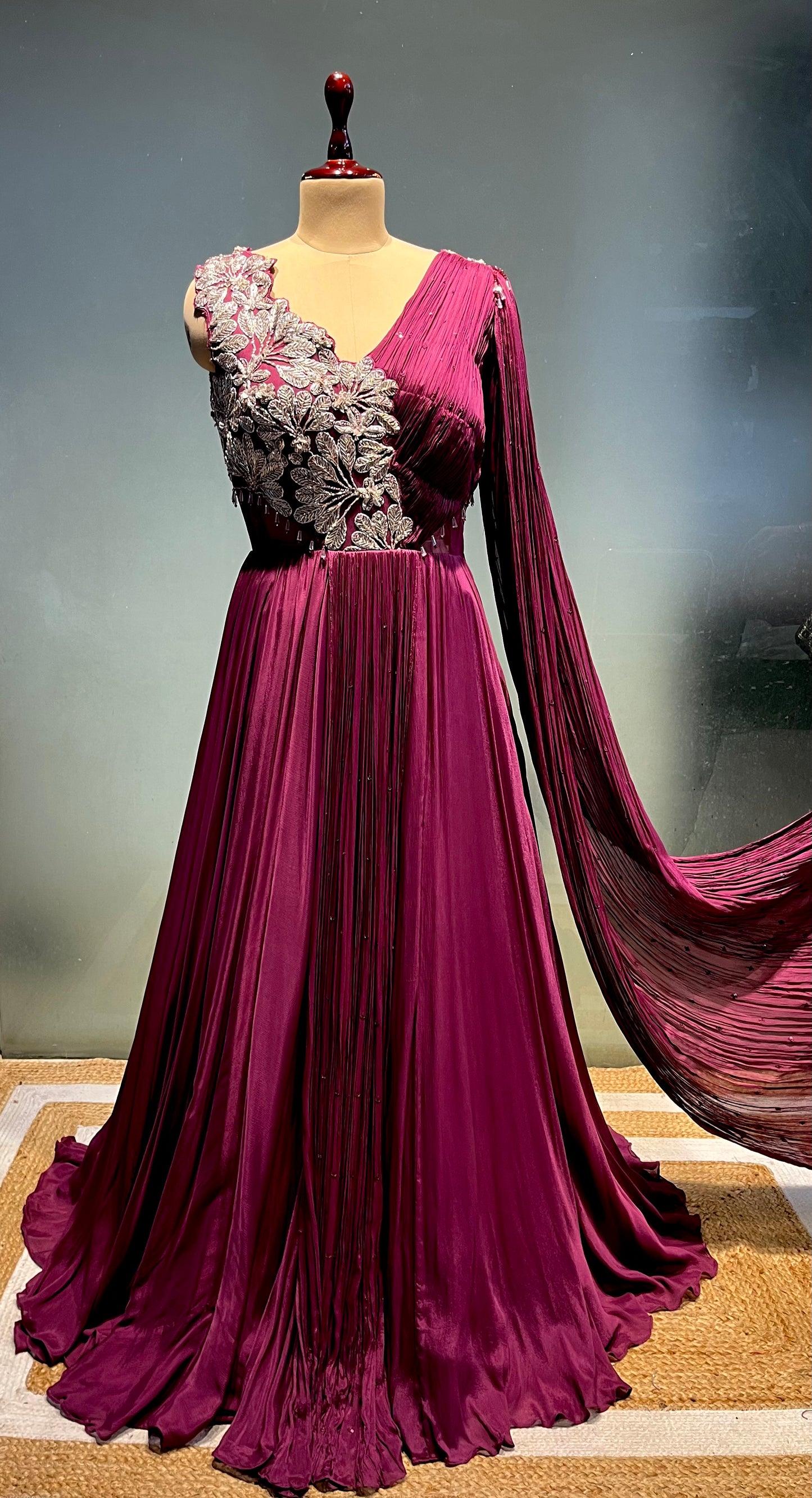 WINE COLOUR CHINON GOWN EMBELLISHED WITH ZARI EMBROIDERY