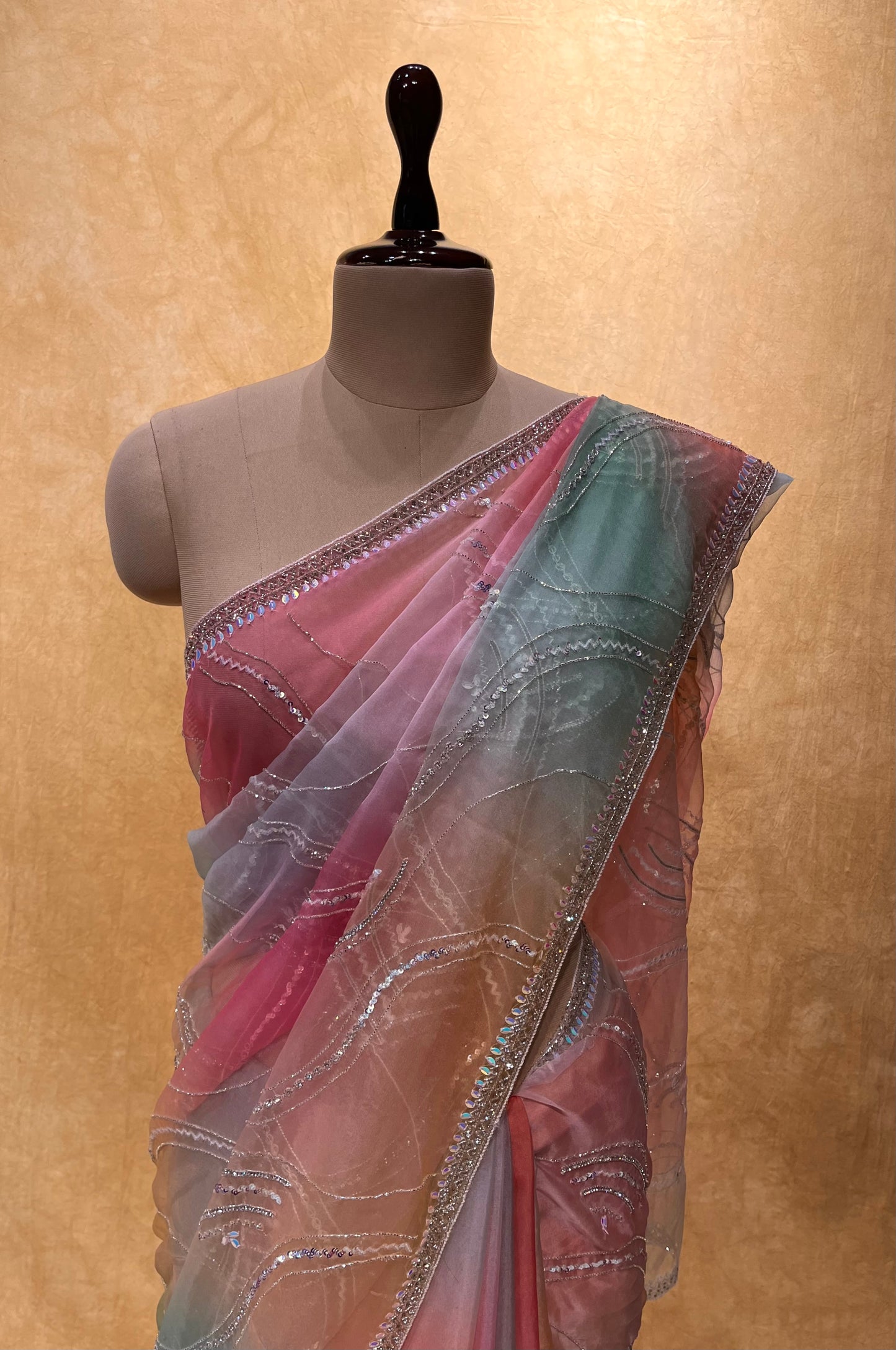 SHADED ORGANZA HAND EMBROIDERED SAREE EMBELLISHED WITH CUTDANA & SEQUINS WORK