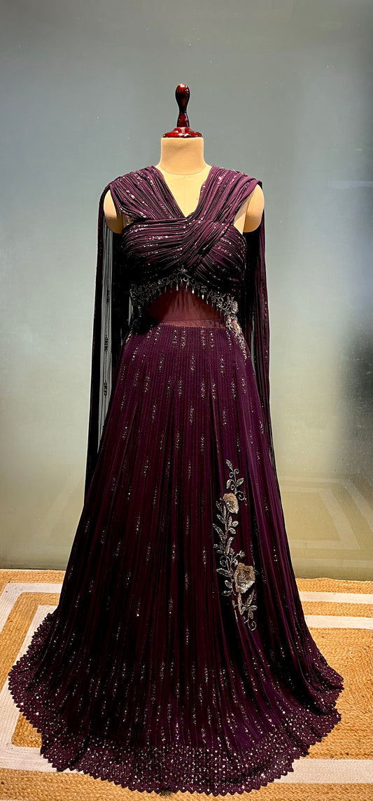 WINE COLOUR CHINON GOWN EMBELLISHED WITH BEAT WORK