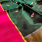 BOTTLE GREEN COLOUR PURE CHANDERI PATTU SILK SAREE WITH CONTRAST BORDER EMBELLISHED WITH ZARI WEAVES